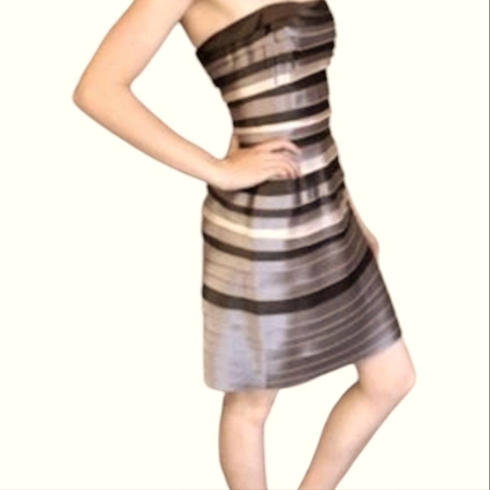 BCBGMaxAzria Strapless Dress 12 Taupe Satin Lazer Cut Layered Boned Bodice NWT